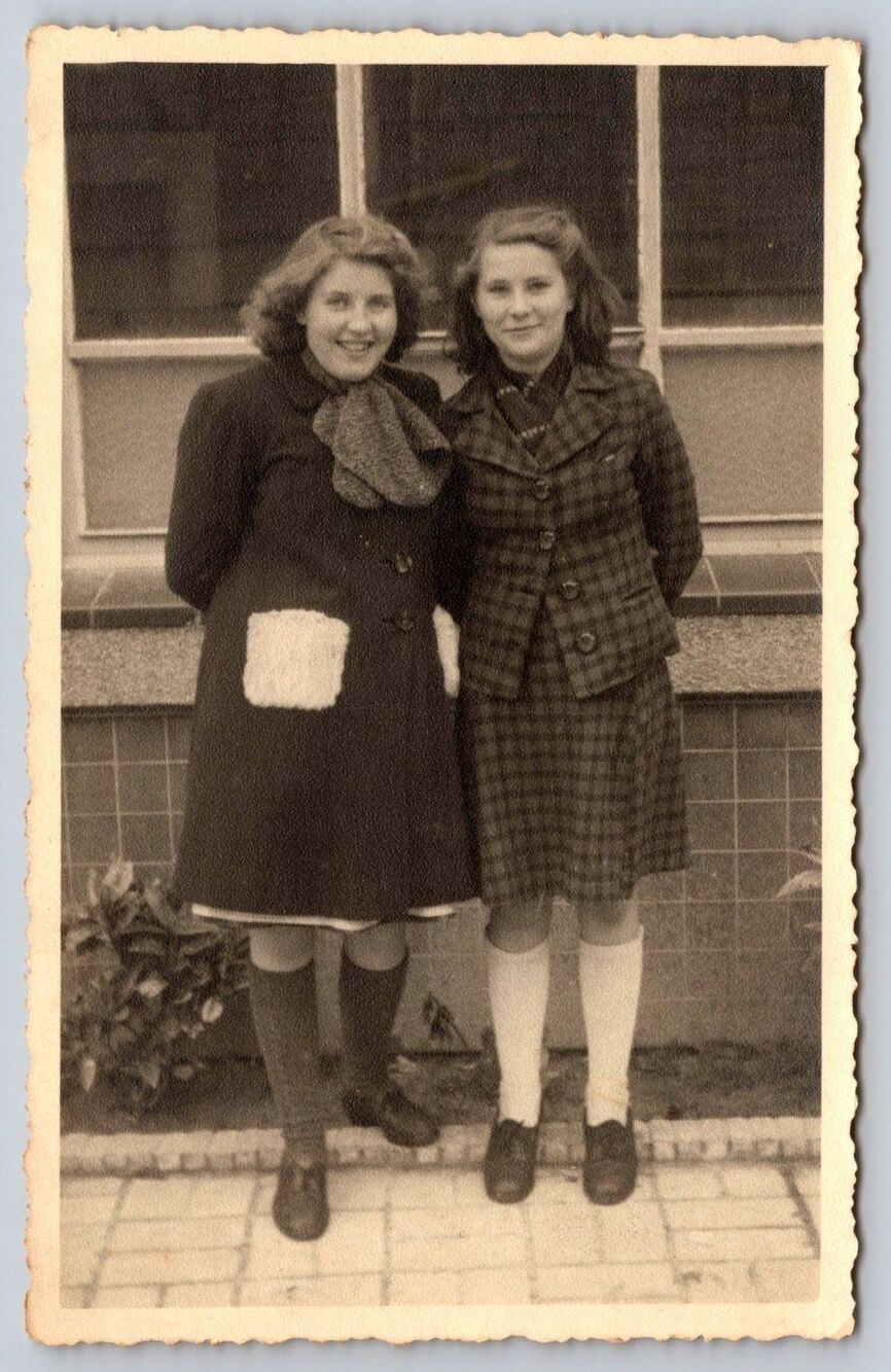 Vintage 1940s 1950s Snapshot Photo Two Women Plain Winter Coats Deckle Edge RPPC